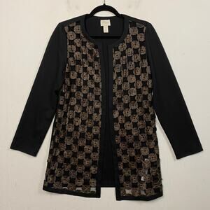 Chico's Black Mesh Open Front Longline Blazer Cardigan Sweater Size Small